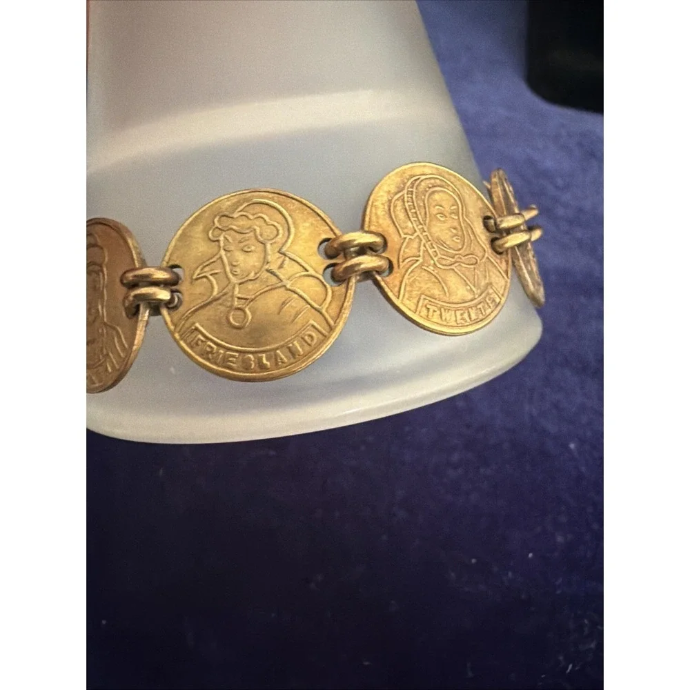 Vintage Dutch Folk Attire Coin Link  Bracelet Gold Tone Copper Friesland 7